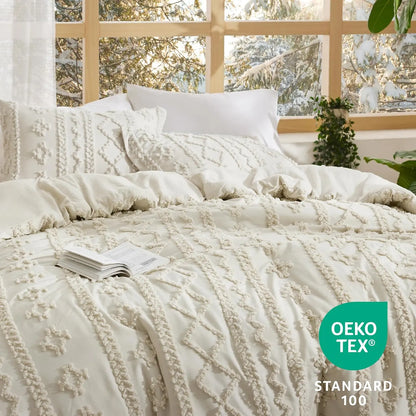 Tufted Bohemian Bedding Set 3-Piece – Breathable Comforter with 2 Pillowcases