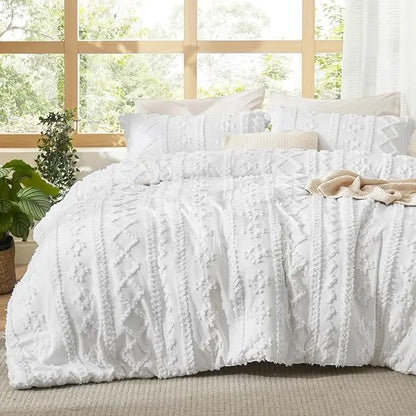 Tufted Bohemian Bedding Set 3-Piece – Breathable Comforter with 2 Pillowcases