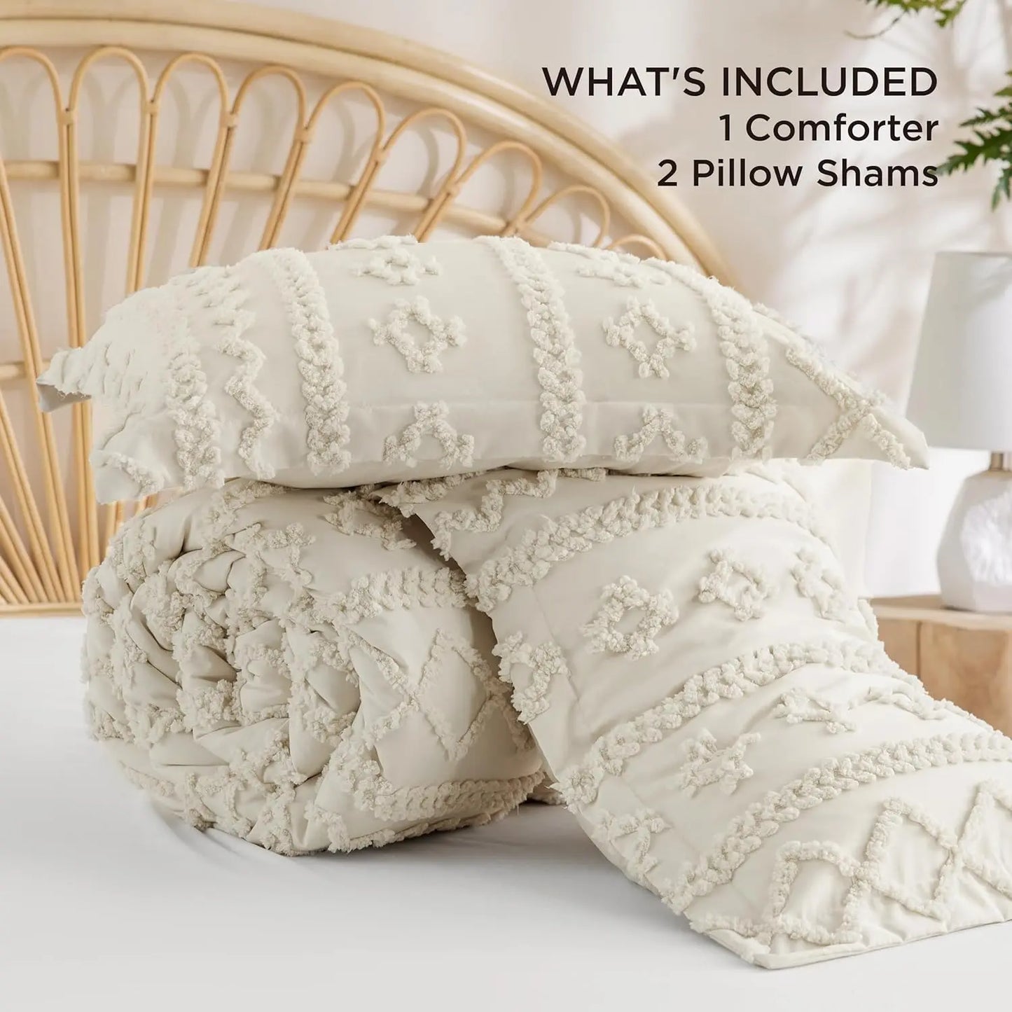 Tufted Bohemian Bedding Set 3-Piece – Breathable Comforter with 2 Pillowcases