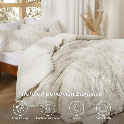 Tufted Bohemian Bedding Set 3-Piece – Breathable Comforter with 2 Pillowcases